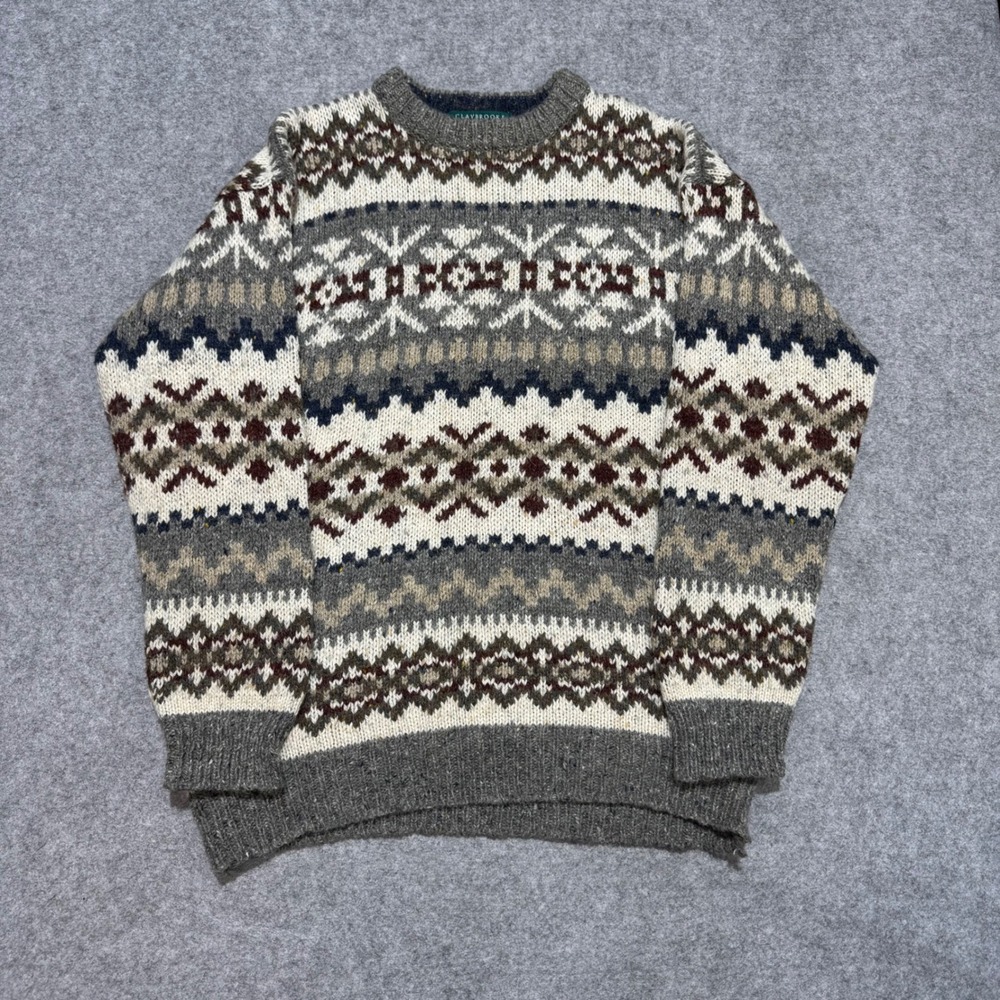 Claybrooke Outdoors Vintage Fair Isle Wool Blend Crewneck Sweater Mens Large